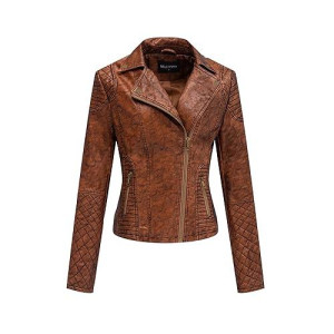Bellivera Women'S Faux Leather Short Jacket, Distressed Retro Frosted Moto Casual Spring Coat 17909 Brown Xl