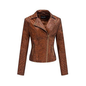 Bellivera Womens Faux Leather Short Jacket, Distressed Retro Frosted Moto Casual Spring Coat 17909 Brown Xl