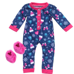 Sophia'S Hot Cocoa Print Long-Sleeved Winter Pajama Onesie With Matching Fuzzy Slippers Sleep Set For 18? Dolls, Navy/Hot Pink