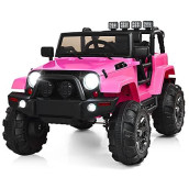 Costzon Ride On Car, 12V Battery Powered Electric Ride On Truck W/Parental Remote Control, Led Lights, Double Open Doors, Safety Belt, Music, Mp3, Spring Suspension (Pink)