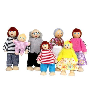 Yeooyoor Wooden Doll House Family Dress-Up Characters, Family Role-Play Dress-Up Characters Grandpa, Grandma, Mom, Dad, Children, Baby Family Of 7