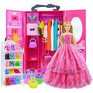Ecore Fun Fashion Doll Closet Wardrobe For Doll Clothes And Accessories Storage - Lot 102 Items Include Clothes, Dresses, Shoes, Bags, Necklace, Shoes Rack, Hangers For 11.5 Inch Girl Doll Clothes