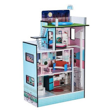 Olivia'S Little World Dreamland Barcelona 3-Story Wooden Dollhouse With Working Elevator, Rooftop Pool, And 10-Pc Furniture Accessory Set For 3.5" Dolls, Turquoise/Black