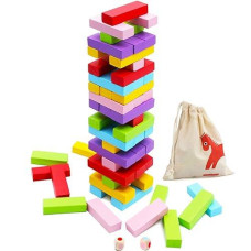 Gentle Monster Wooden Colorful Stacking Board Games Builing Blocks For Kids Boys Girls, 54 Pcs Wood Balancing Blocks Montessori Toy Gift For Kids, Classic Game For Party With Storage Bag