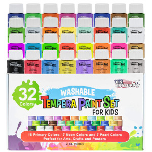 US Art Supply 32 color childrens Washable Tempera Paint Set - 2 Ounce Wide Mouth Bottles for Arts, crafts and Posters