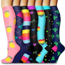 Cthh 7 Pairs Compression Socks For Women & Men Circulation Support Knee High Socks (04 Navy/Yellow/Black/Star, Small-Medium)