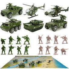 23 Pack Die-Cast Military Vehicles Sets,6 Pack Assorted Alloy Metal Army Models Car Toys,16 Pack Soldier Army Men,1 Playmat,Mini Army Toy Tank,Panzer,Anti-Air Vehicle,Helicopter Playset For Kids Boys