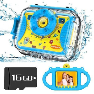 Showcam Kids Waterproof Camera Best Gift For Children With Video, Underwater Child Cam For Boy Age 3,4,5,6+, Selfie Supported 1080P 8Mp 2.4 Inch Large Screen, 16Gb, Silicon Handle - Blue