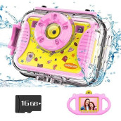Showcam Kids Waterproof Camera Best Gift For Children With Video, Underwater Child Cam For Girl Age 3,4,5,6+, Selfie Supported 1080P 8Mp 2.4 Inch Large Screen, 16Gb, Silicon Handle - Pink