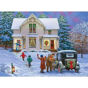 Bits and Pieces - 300 Piece Jigsaw Puzzle for Adults 18 x 24 - Festive Feathered Friends - 300 pc glow-in-The-Dark Holiday Birdhouse christmas Pine Tree Lights Jigsaw by Artist Alan giana