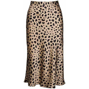 Leopard Skirt For Women Midi Length High Waist Silk Satin Elasticized Cheetah Skirts L