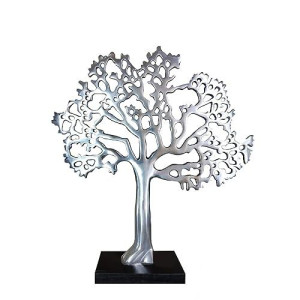 Benjara Stylish Aluminum Tree Decor With Block Base, Silver And Black