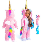 Sweet Dolly 18 Inch Doll Clothes Unicorn Onesie Pajamas Rainbow Color Hair Bow Clips Costume Fits 18 Inch Doll (Doll Not Included)