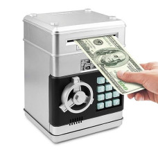 Setibre Piggy Bank, Electronic Atm Password Cash Coin Can Auto Scroll Paper Money Saving Box Toy Gift For Kids (Silvery)