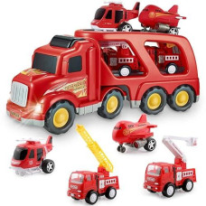 Fire Truck Car Toys Set, Friction Powered Car Carrier Trailer With Sound And Light, Play Vehicle Set For Kids Toddlers Boys Child Gift Age 3 4 5 6 7 Years Old, 2 Rescue Car, Helicopter, Plane