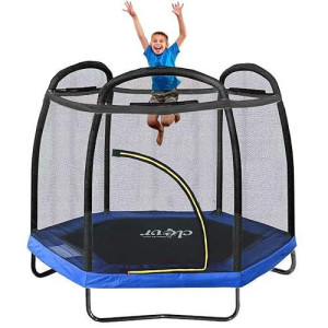 Clevr 7Ft Kids Trampoline With Safety Enclosure Net & Spring Pad, Mini Indoor/Outdoor Round Bounce Jumper 84", Built-In Zipper Heavy Duty Steel Frame, Blue | Great Gift For Kids