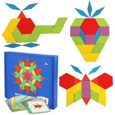 Kancai 155Pcs Wooden Pattern Blocks Set Geometric Shape Puzzles Classic Educational Toys Tangrams Set For Kids Ages 3-8 With 24 Pcs Design Cards