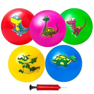 Hymaz Balls For Toddlers, 9" Inflatable Bouncy Balls For Kids Soft Sensory Balls With Dinosaurs Pattern And Pump For Indoor Outdoor Beach Playground Backyard Pool Games