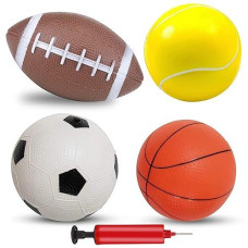 Hymaz Sports Ball For Kids Todder Toys Balls With Air Pump,4 Pack Ball Toy Set Includes Soccer Balls,Basketball,Tennis Ball,Rugby Ball,Outdoor Games