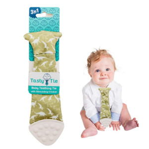 Tasty Tie Teething Tie, 3-In-1 Clip-On Baby Tie, Crinkle Toy & Silicone Teether For 3-6-9-12-18 Month Babies, Unique Baby Boy Gift Or Stocking Stuffer, Dino Style