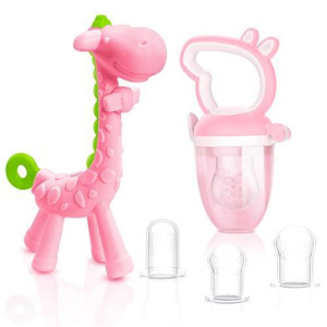 Share&Care Giraffe Baby Teething Toys And Natural Organic Food Feeder Pacifier/Banana Baby Teether Chew Toys Fresh Fruit Feeding/ 2 Teethers And 1 Feeder With 3 Silicone Sacs (Pink)