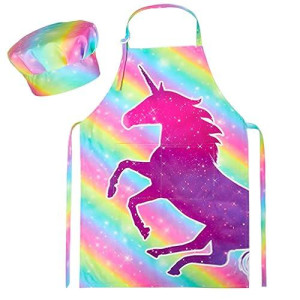 Mhjy Kids Apron And Chef Hat Set, Child Aprons For Cooking Baking Painting Cute Toddler Girls Apron With Pockets,Rainbow Unicorn,Large (8-12 Years)