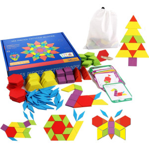 Set Of 155 Wooden Pattern Blocks Geometric Manipulative Shape Puzzle Kindergarten Graphical Classic Educational Montessori Tangram Toys For Kids Ages 3+ Jigsaw Puzzles Gift With 24 Pcs Design Cards