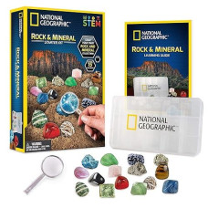 NATIONAL GEOGRAPHIC Rocks and Minerals Education Set  15-Piece Rock Collection Starter Kit with Tigers Eye, Rose Quartz, Red Jasper, and More, Display Case and Identification Guide