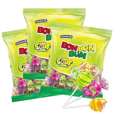 Colombina Bon Bon Bum Lollipops W/Bubble Gum Center, Assorted Sour Mix, Individually Wrapped, Ideal For Party Favors And Gifts, 3 Pack (30 Count)