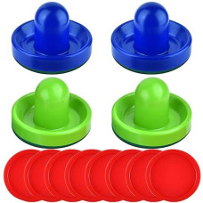 Coopay Air Hockey Pushers And Red Air Hockey Pucks, Goal Handles Paddles Replacement Accessories For Game Tables(4 Striker, 8 Puck Pack) (Blue And Green)
