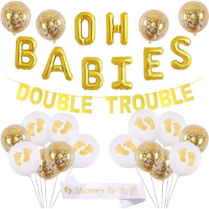 Twins Baby Shower Decorations Set Gold Theme, Double Trouble Banner, Oh Babies Balloons, Mummy To Be Sash For Babies Party Supplies