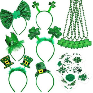 Whaline 84 Pcs St. Patrick'S Day Party Favor Set With 6 Pcs St. Patrick Shamrock Headbands, 6 Pcs Clover Necklaces And 72Pcs Shamrock Tattoo Stickers For St. Patrick Irish Party Decorations