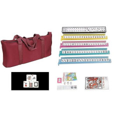 Hndtek American Mahjong Set - Red Burgundy Soft Bag - 166 White Engraved Tiles 4 All-In-One Rackpushers Western Mah Jongg Game Set