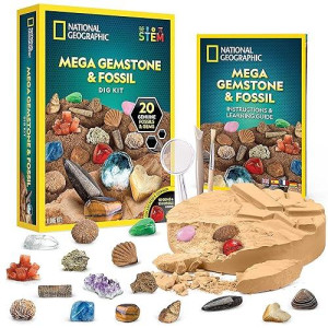 National Geographic Mega Fossil And Gemstone Dig Kits - Excavate 20 Real Fossils And Gems, Great Stem Science Gift For Mineralogy And Geology Enthusiasts Of Any Age