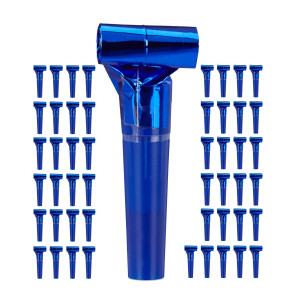 Relaxdays 10027942_45 Party Blowers Pack Of 50, Kids Noisemakers, Birthday Treats, Trumpet Set, Whistle, Blue