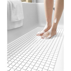 Dexi Bath Tub Shower Mat Non-Slip 16 X 39 Extra Long Bathtub Mats, Suction Cups, Drain Holes, Machine Washable Bathroom Mat, White