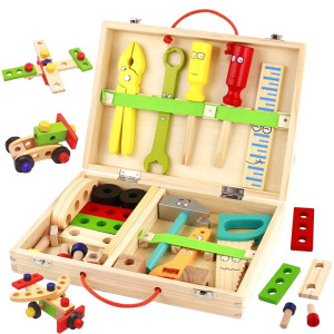 Kids Tool Set Wooden Toddler Tool Bench Montessori Toys For 3 4 Year Olds, 34 Pcs Educational Stem Construction Toys Pretend Play Toddler Tool Set Birthday Gift For Age 3-4 Boys & Girls