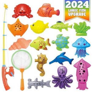 Cozybomb Kids Fishing Bath Toys Game - 17Pcs Magnetic Floating Toy Magnet Pole Rod Net, Plastic Floating Fish - Toddler Education Teaching And Learning Colors (New)