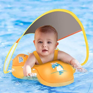 Laycol Baby Swimming Float With Upf50+ Sun Canopy Baby Floats For Pool No Flip Overbaby Pool For Baby Age Of 3-36 Months (Yellow, L)