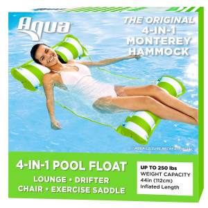 Aqua 4-In-1 Monterey Hammock Inflatable Pool Float, Multi-Purpose Pool Hammock (Saddle, Lounge Chair, Hammock, Drifter) Pool Chair, Portable Water Hammock, Lime Green White Stripe