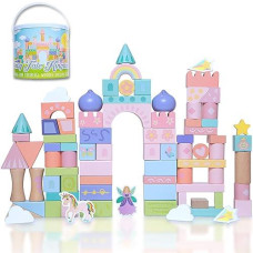 Cheetoys Large Wooden Blocks Set 80Pcs - Girls Fairytale Kingdom Castle With Unicorn And Fairy, Colored Wooden Building Blocks For Kids And Toddlers Montessori Toys For Ages 3-8