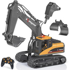 Kolegend 3 In 1 Remote Control Excavator Toy 1/14 Scale Rc Excavator, 15 Channel Upgrade Full Functional Construction Vehicles With Tools Metal Breaker And Electric Gripper(Yellow/Black)