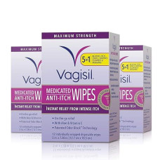 Vagisil Anti-Itch Medicated Feminine Intimate Wipes For Women, Maximum Strength, Gynecologist Tested, 12 Wipes (Pack Of 3)