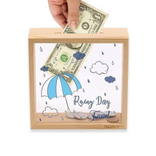 Piggy Banks For Adults, Decorative Shadow Box Wooden Frame, Coin Bank Money Bank, Sized 6.5X6.5X2.2 Inch, Natural Wood Money Box, Printed On The Plexiglass Front- Rainy Day Fund.