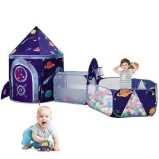 Lojeton 3Pc Space Ship Kids Play Tent, Crawl Tunnel, Ball Pit For Toddlers, Indoor & Outdoor Playhouse Castle Toys, Baby Boys Girls Gift For 3 4 5 6 7 Years Old (Balls Not Included)
