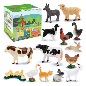 Toymany 14Pcs 0.6-2.5 Tiny Farm Animal Figures Toy, Detailed Texture Farm Figurines Cake Topper, Easter Christmas Birthday Gift School Project For Kids Children Toddlers