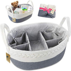 Lzellah Baby Diaper Caddy Organizer - Extra Large Nappy Caddy Rope Nursery Storage Bin - Baby Basket With 8 Pockets, 5 Compartments And 2 Removable Dividers