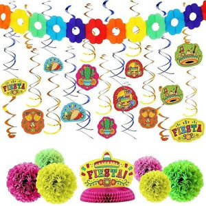 JOYIN 28 PCs Cinco De Mayo Fiesta Hanging Swirls Mega Pack with Strings, Honeycomb Table Centerpiece, Tissue Pom Paper Flowers & Backdrop Banner for Party Decoration, Mexican Sombrero Taco Supplies Dcor