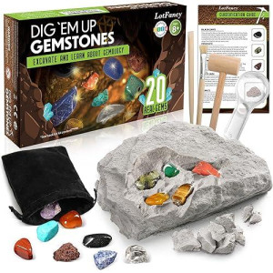 Lotfancy Gemstone Dig Kit, Excavate 20 Real Gemstones Including Crystal Amethyst Topaz, Stem Educational Toy Science Kit, Kids, Great Gift For Boys Girls Adults With Storage Pouch, Mining Tools,Adult