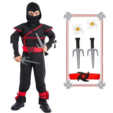 Satkull Kids Ninja Costume With Halloween Ninja Accessories For Boys Dress Up Best Gifts(Kids-Xl-10/12T Black)